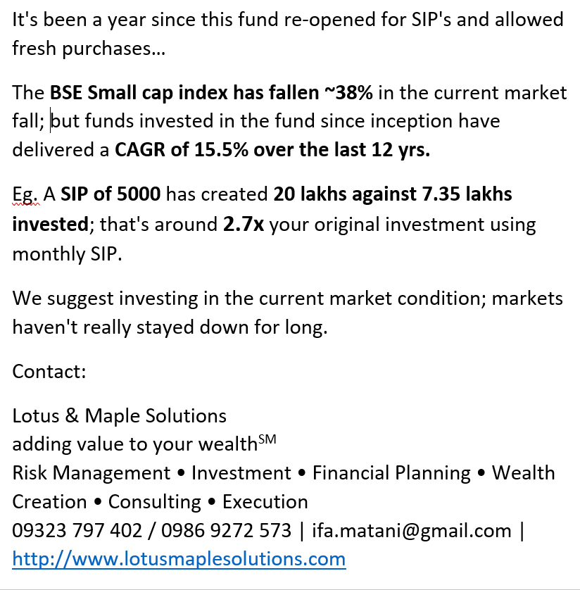 Matani_FinServ's tweet photo. It's been a yr since this @dspmf re-opened for SIP's and allowed fresh purchases
Read more
https://t.co/3N9o9KXPd3
Contact
9323797402/9869272573
#Goalbased #FinancialPlanning #WealthCreation #SIP #AdviceZarooriHai #LongTerm #addingvaluetoyourwealth #lotusmaplesolutions #T001 https://t.co/WlyG44sCDD