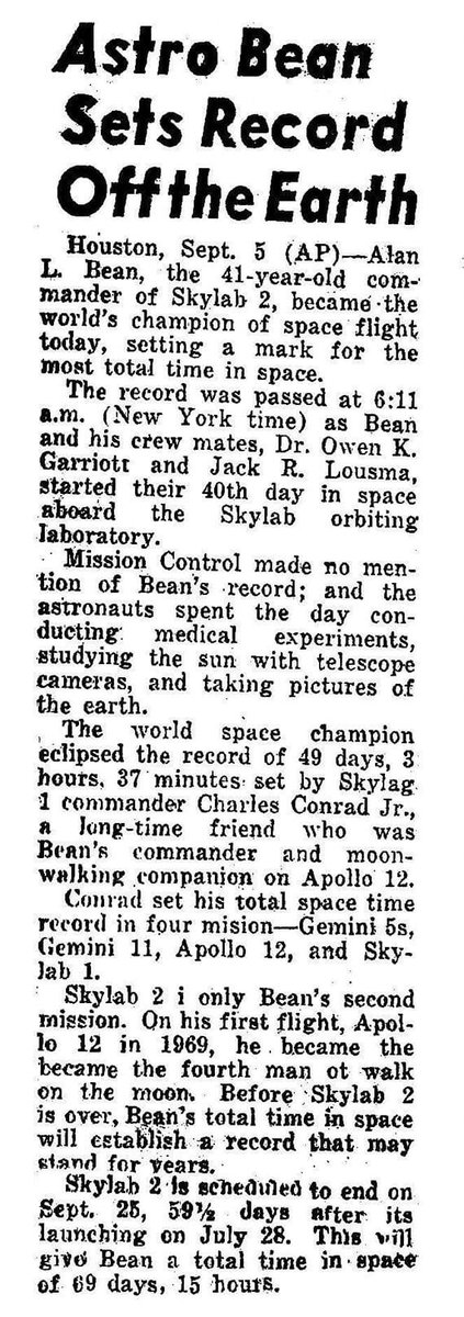 Alan Bean, who features on our Apollo 12 #moonlanding stamp was featured in a newspaper archive from this day. It celebrates his achievement of being the man with the most time spent in space. Take a look at this bit of history below⬇️ #moonlanding50 #apollo12