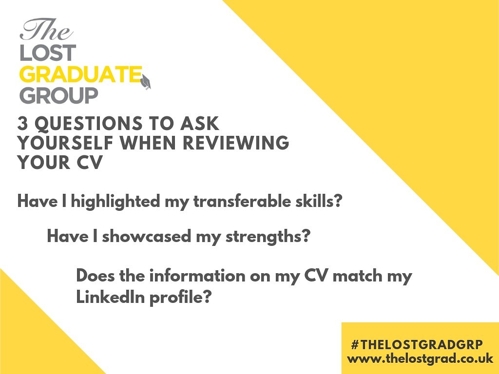 TheLostGradGRP's tweet photo. 3 Questions to yourself when reviewing your CV 👀 

#thelostgradgrp
#jobsearch 
#undergraduate 
#postgraduate
#backtowork
#yourjourney
#yourcareer https://t.co/gsxiAUyjD6