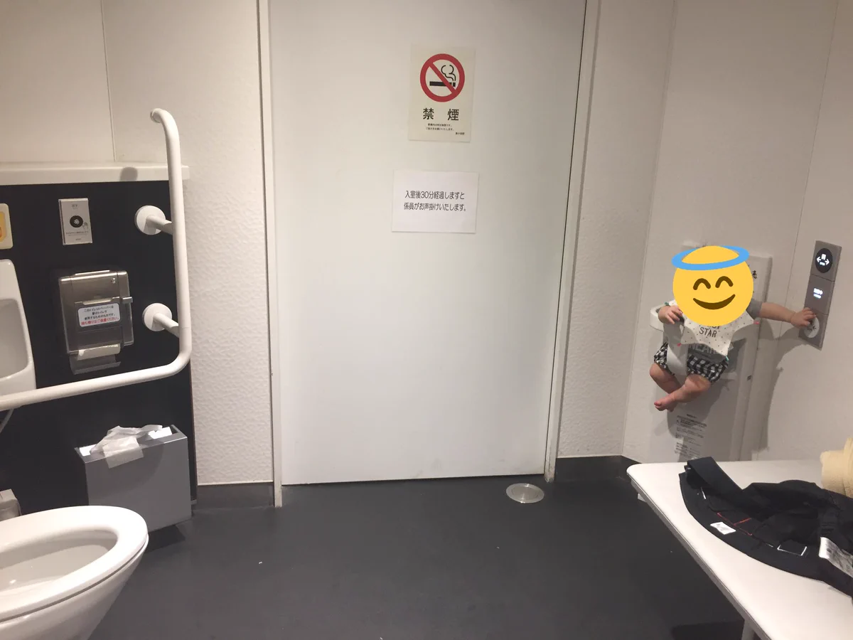 これは確かに困る・きれいなトイレであり難いのですがベビーチェアーのすぐそばに開閉ボタンが・・・！