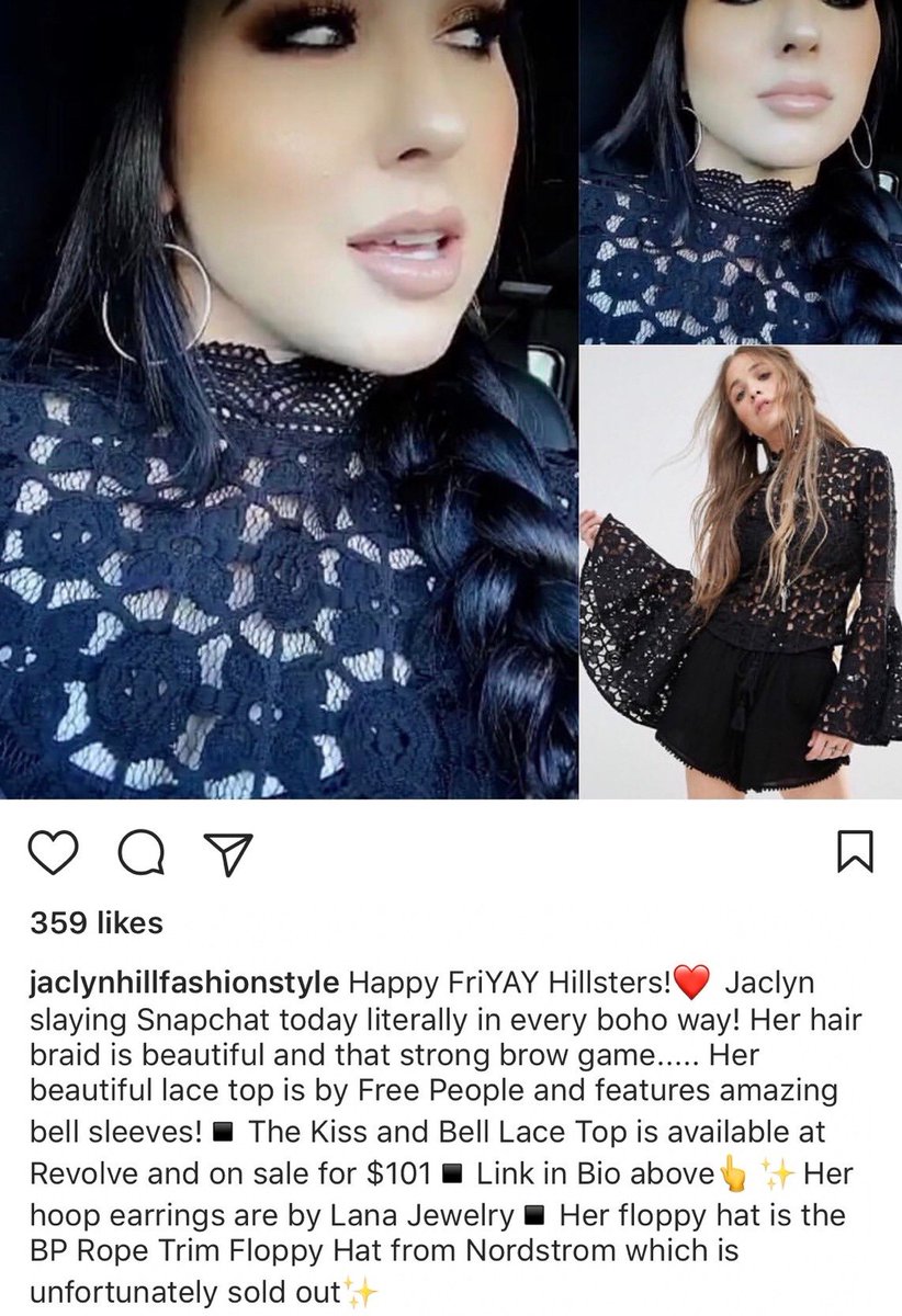 ShillJaclyn's tweet photo. The IG posted this before Jaclyn showed her full outfit how did they know it was a top,and where to get it. More proof it’s Rachel or another family member.
free people is at alot of places and of all the retailers the IG links Revolve which has an affiliate network  
#jaclynhill https://t.co/WUJbOOILAs
