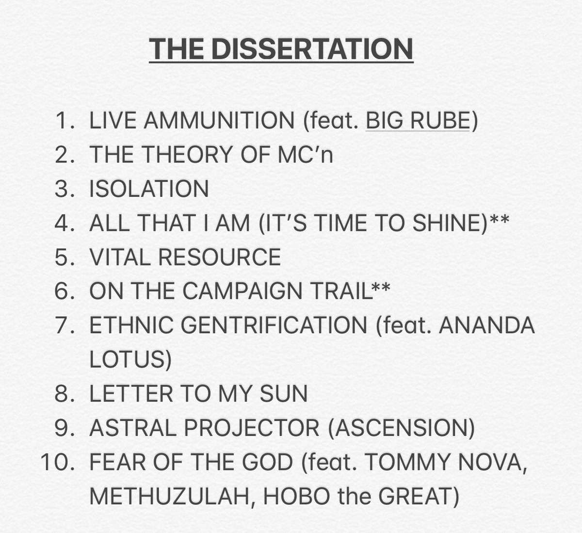 BACKBONE_DF1G's tweet photo. NEW MUSIC ALERT 🚨! i know y’all ain’t heard one word but what’s your favorite track... jus’ by the names... #TheDissertation produced #UK 🇬🇧 by @configa ... #BACKBONE #DUNGEONFAMILY #WEDF https://t.co/INn3ONy8TT