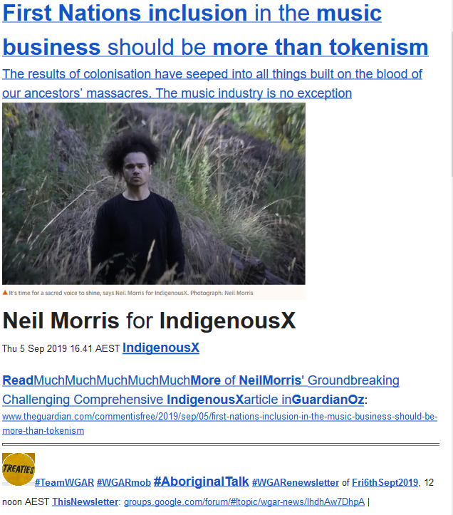 WgarNews's tweet photo. #NeilMorris 4 #IndigenousX: 'TheResults of #Colonisation have SeepedIntoAllThings BuiltOnTheBlood of #OurAncestors' #Massacres. #MusicIndustry is #NoException': https://t.co/l9P9QjDVka
#AboriginalTalk 6Sep19 #WGARcompilation ft #AboriginalArtist #DRMNGNOW: https://t.co/HO38wwGspB https://t.co/SXBP3Lkj5o