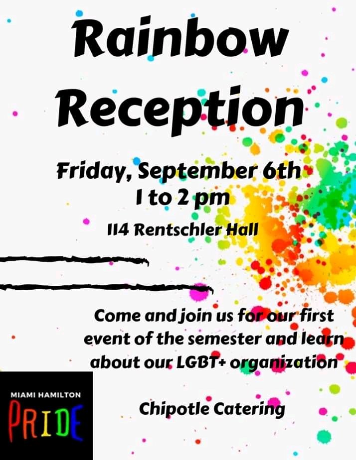 MUHPride's tweet photo. Our Rainbow Reception happens at 1 PM in the @murdiversity office on the @MiamiRegionals Hamilton campus! You're invited to stop by, grab some food, and learn about our organization. #MiamiOH #MiamiOHRegionals #LGBTQ https://t.co/b3HoS04za3