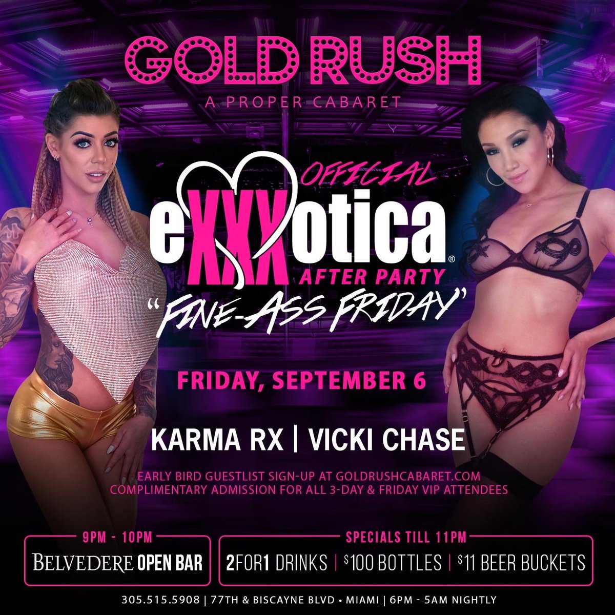 justmyregular's tweet photo. The hurricane may have passed, but the storm is just beginning.  It's sure to be "RAINING" 💸💰💲 on the @goldrushcabaret stage when @VickiChase and @Karma_Rx take the stage for @EXXXOTICA "Fine Ass Friday" After Party. https://t.co/zF4dXcVGyk