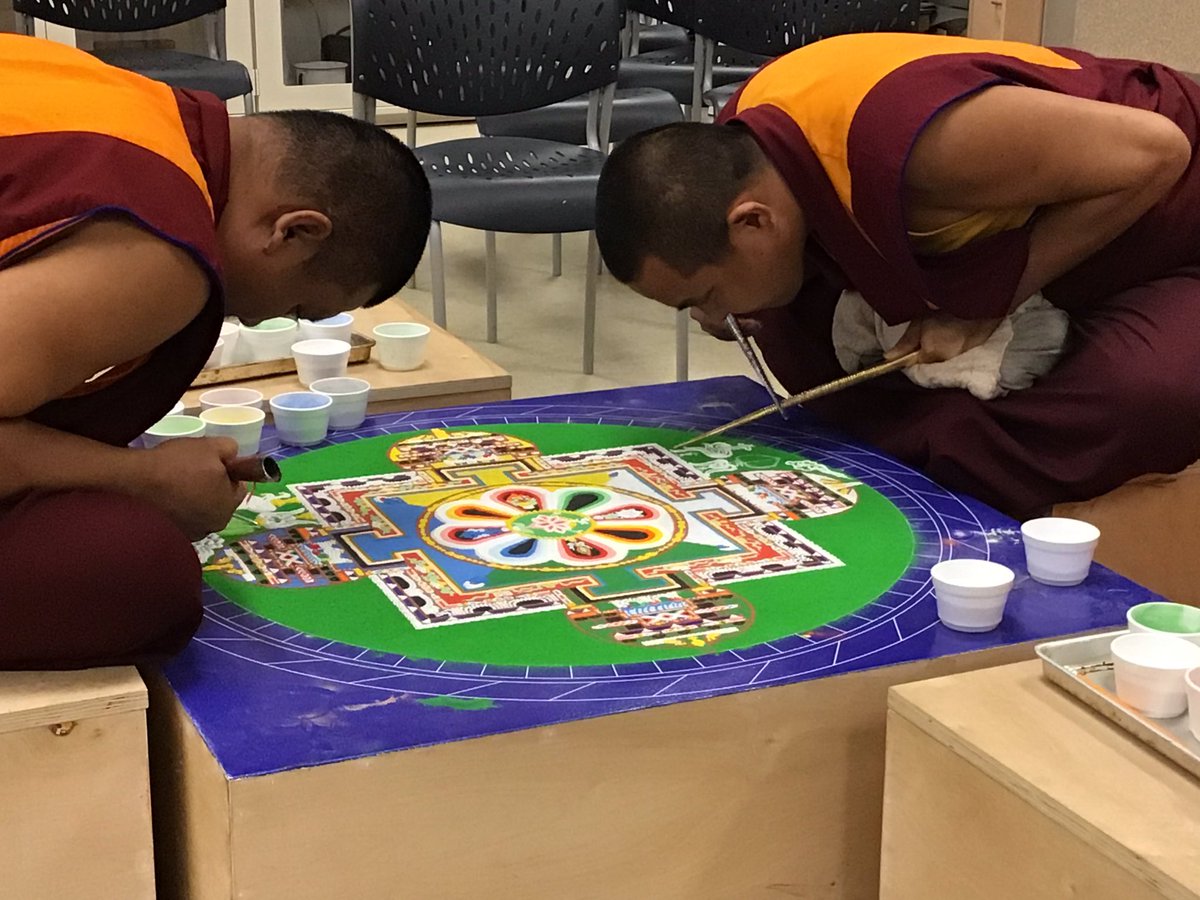 OdishawShelley's tweet photo. Tibetan Monks at the @RedDeerMuseum creating a Sand Mandala in the Stewart Discovery Studio.  The patience and attention to detail is amazing!  The Mandala is an ongoing work - drop in to watch until Sunday.  #sandmandala  #meetyourmuseum #Peace https://t.co/5BCdAZZJmU
