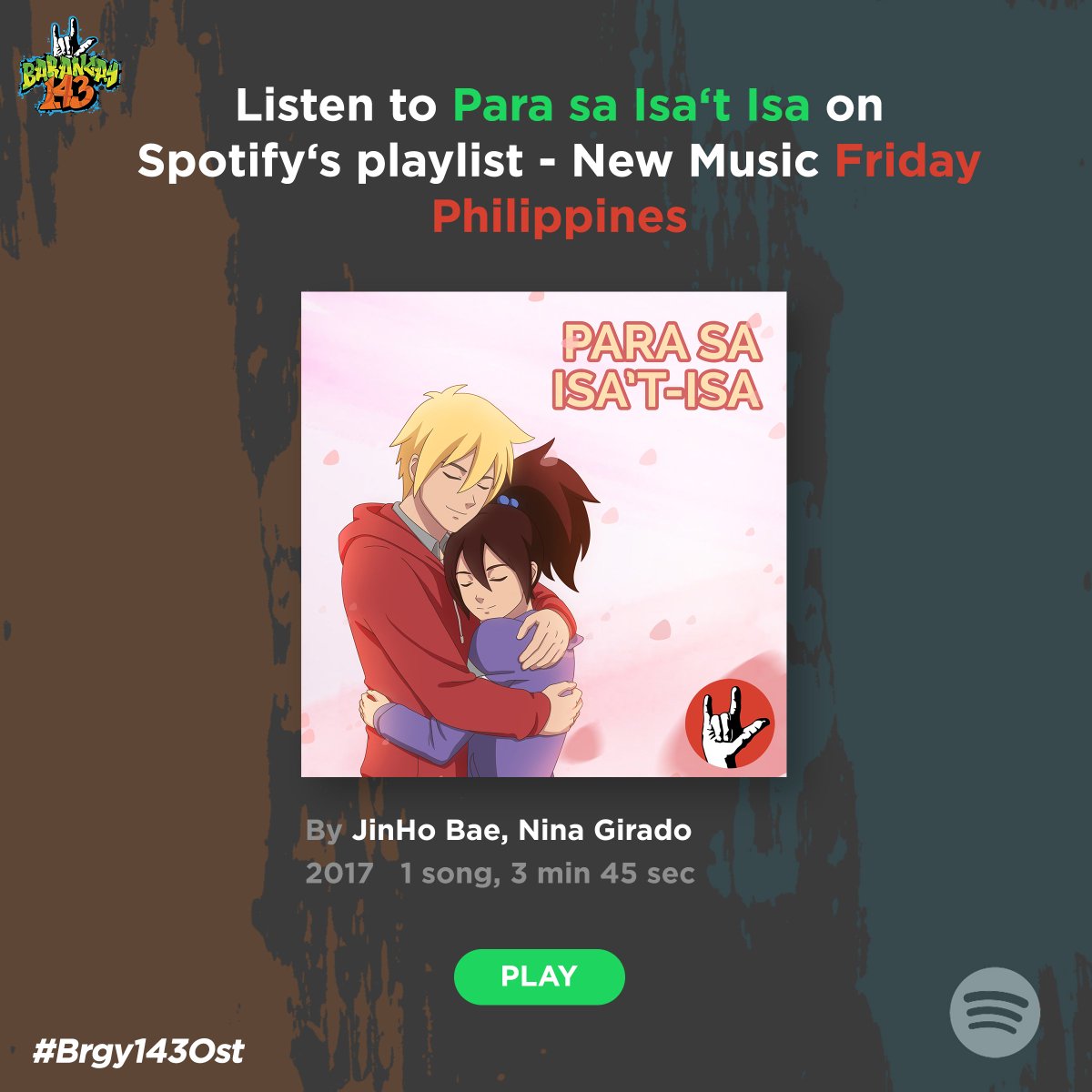 brgy143's tweet photo. Ang ating paboritong "Para sa isa't isa" performed by @_jinhobae at Nina ay nasa Spotify's NEW MUSIC FRIDAY!

Save it now! <3
https://t.co/hTaDFELSvO

#Brgy143
#LigaNgBuhay https://t.co/LUu25nnR7r