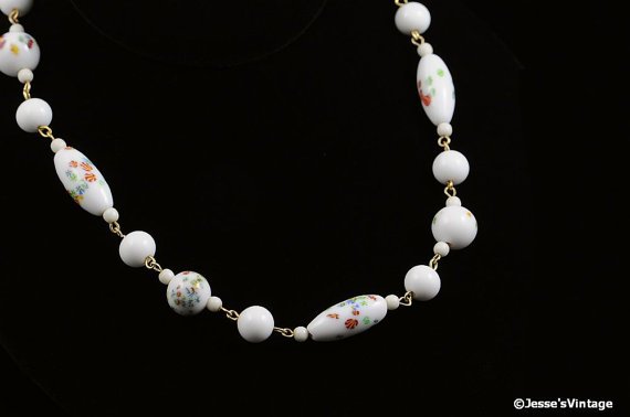 Vintage Millifiori Glass Bead Choker Necklace 1930s White Floral Motif Multi Color etsy.me/2f8L0Sc #pottiteam