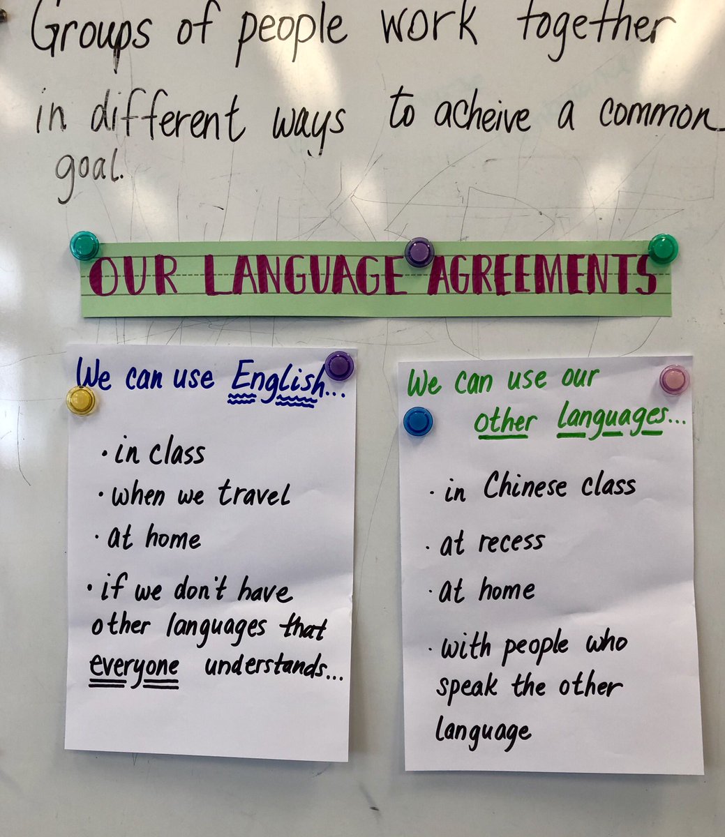 Ss #languageagreements in #firstgrade. Valuing our #multilingual Ss and having #metacognition about when to use our languages. It’s a work in progress. Hoping Ss will eventually see the value of using their L1 in class with #translanguaging. #aisgz #CanDo