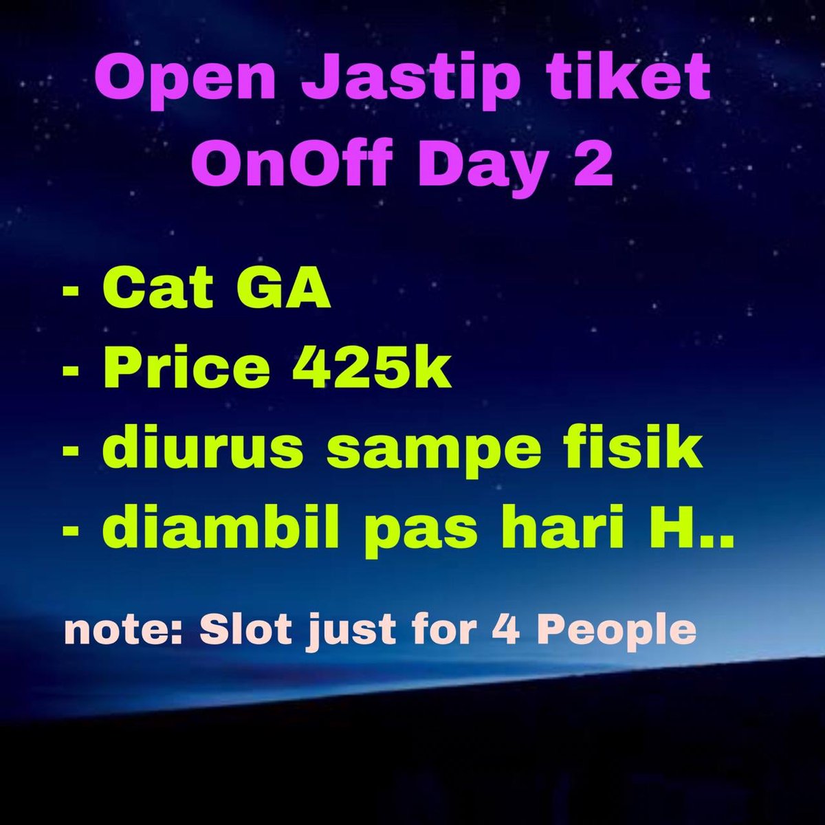3UnniesJastip's tweet photo. Yuukk yang masih cari tiket OnOff day 2.. yang ada WINNERnya... .
.
harga udah termasuk fee jastip.. slot cm untuk 4 orang lohh... .
.
more info line/DM ππ
.
.
#TixKonser #WINNERinJakarta #OnOffFestival #OnOffWINNER #WinnerOnOffDay2 #JastipTiketWINNER #JastipKonserWINNER https://t.co/8ElGYpT0pv