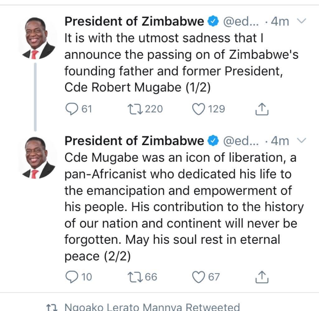 IamMzilikazi's tweet photo. BREAKING NEWS: Former Zimbabwe President Robert Gabriel Mugabe has passed away in Singapore https://t.co/zANSLVcPeb