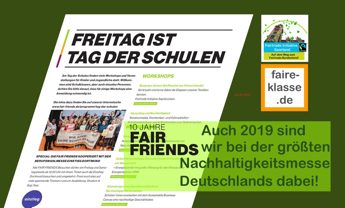 #Fairtrade #Initiative #Saarland ist bei der @FAIR_Dortmund  2019 in #Dortmund aktiv dabei - die größte Nachhaltigkeitsmesse Deutschlands:

🏆 #Auszeichnung @FaireKlasse 

🎤 #Vortrag #Fachpromotor #Fairer #Handel beim #Fachtag #Schülergenossenschaften

🖌#Kreativworkshops