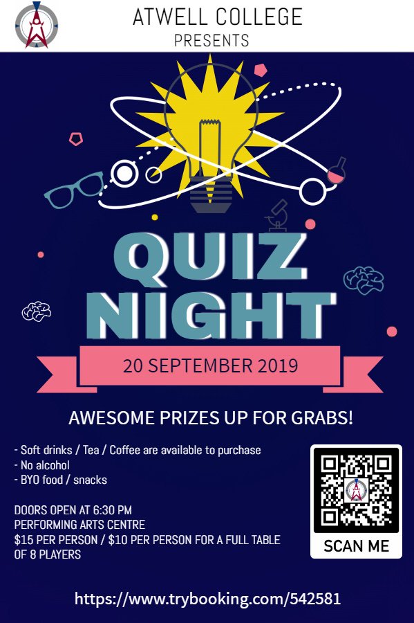 atwellcollege's tweet photo. The Student Senate is organising a quiz night on Fri 20th Sep and all are welcomed. Money raised will be presented to the college as a farewell gift from Class of 2019 to fund college improvement projects. Come and join us for a night of mind boggling fun! https://t.co/4851EADD9j https://t.co/oUer7apoLc