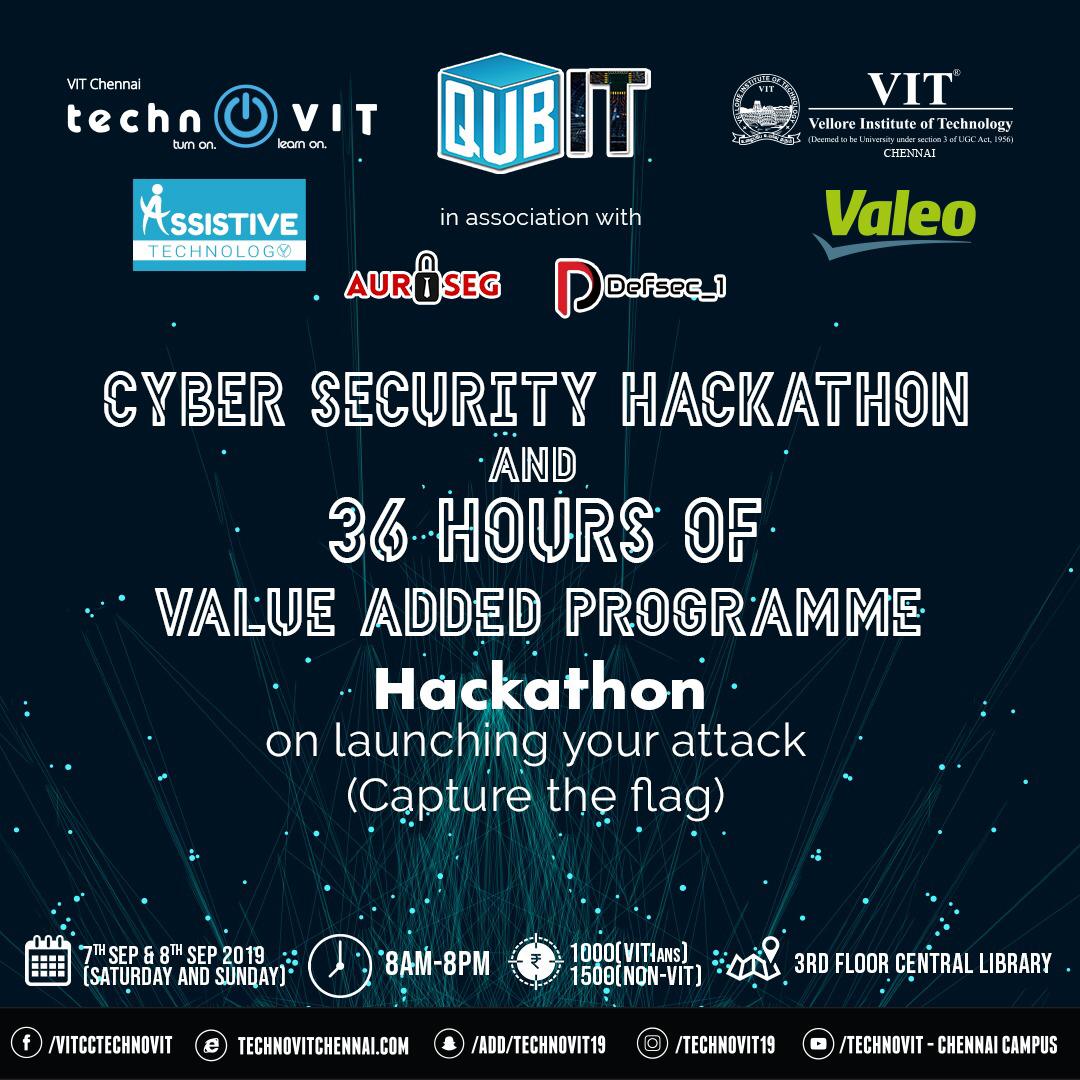 technovit's tweet photo. Cyber crime rates are at an all time high. Register for “Cyber Security workshop and Hackathon” with 36 hours of Value added program to kickstart your career in cyber security. Brought to you by Qubit on the 7th and 8th of September.
#technoVIT #TurnOnLearnOn https://t.co/rg9fNSpPrj