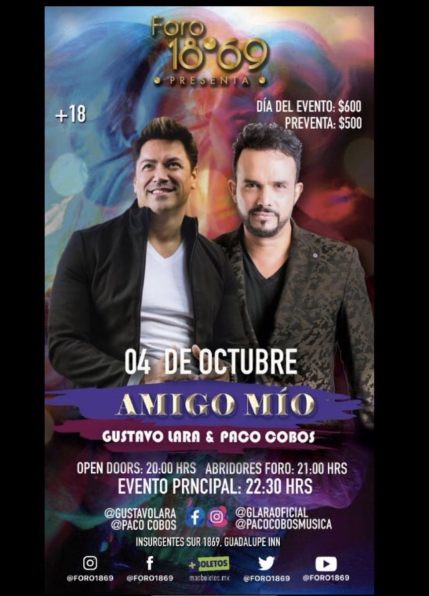 YayaGM13's tweet photo. @glaraoficial  y @PacoCobos 4 de@l octubre #AmigoMio juntos ! No te lo pierdas ! #cdmx @Foro1869 #musica #mexico #envivo #show #espectaculos #pop #amor https://t.co/tBCtoB4ODf