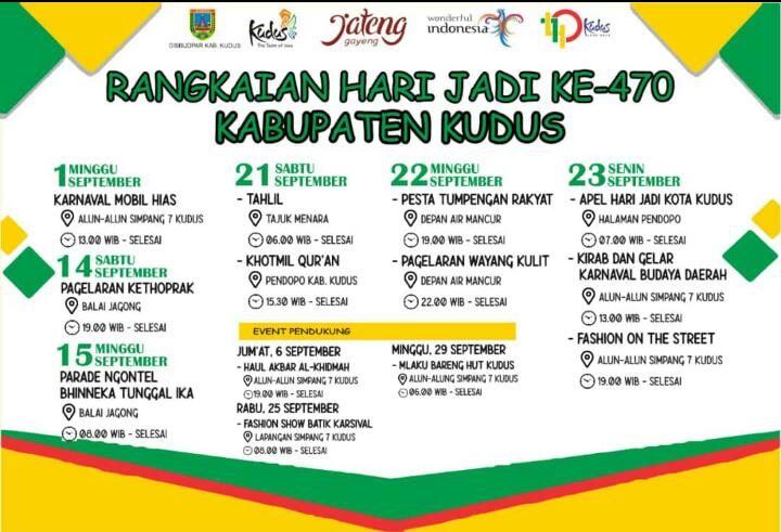 wargakudus's tweet photo. Rangka hari jadi @Pemkab_Kudus ke 470 ini agendanya, yuk diramekan lek! 🤗

#Wargakudus #HUTKudus470 
Cc @ganjarpranowo @TajYasinMZ @provjateng @kominfo_jtg @humasjateng @Sinoeng69 @disporaparjtg @GenPIJateng https://t.co/tw6FpPfJF8
