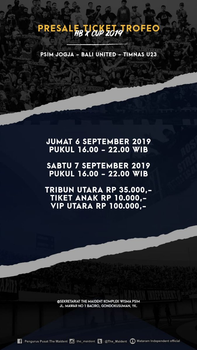 Presale tiket TROFEO HB x CUP 2019. 
#90LDENERA
di layani hari ini Jum'at, 6 Sept 2019 
Dan hari sabtu, 7 Sept 2019
Pukul 16.00 - 22.00 WIB
...
NB. Tiket anak harga 10K dibawah 1 meter untuk seluruh Tribun 
#AYDK #COYM