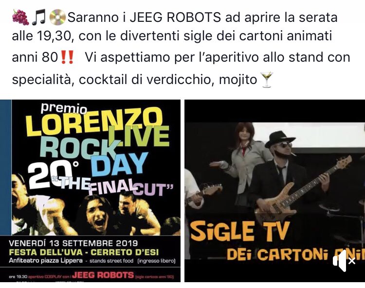 LorenzoLRock's tweet photo. VENERDÌ 13 SETTEMBRE‼️ I #JeegRobots apriranno il premio @LorenzoLRock alla #festadelluvacerretodesi #Marche #destinazionemarche #festadelluva #verdicchio https://t.co/ycR10zlaoK