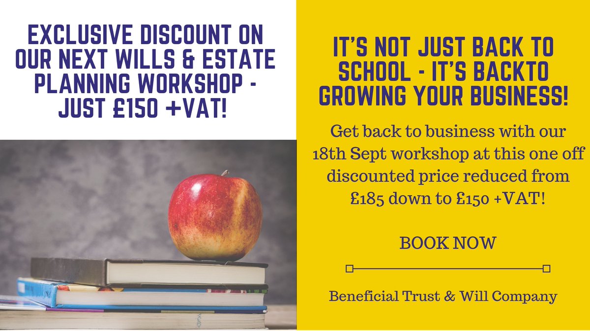 It's back to school and so Back to Business with our Sept discount on on Estate Planning training, designed to help grow your business.
To book just email enquiries@btwc.co.uk
#wills #EstatePlanning #financialadvisers #training