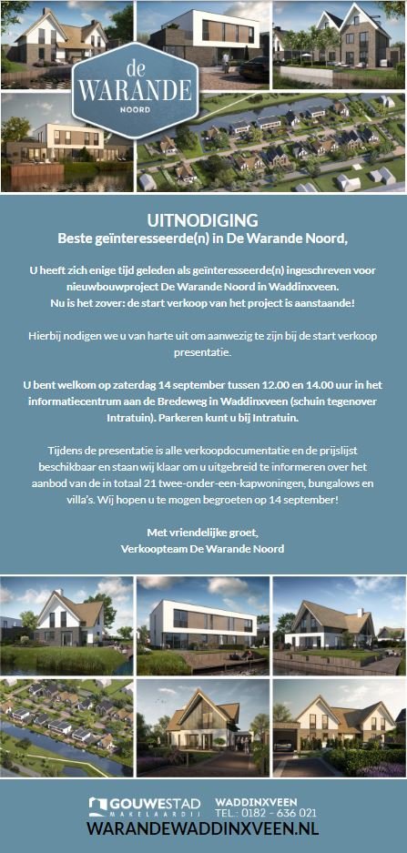 Warande Noord gaat in verkoop, u bent van harte uitgenodigd op 14 september tussen 12.00-14.00uur. schrijf u snel in via de site voor de laatste info.
21 riante, 2-1 kap- en vrijstaande woningen. #landelijkmodern #nieuwbouw #Waddinxveen <a href="/thuisinbouwen/">ThuisinBouwen</a> <a href="/Archhouweling/">HouwelingArchitecten</a> <a href="/gouwestadm/">Gouwestad Makelaars</a>