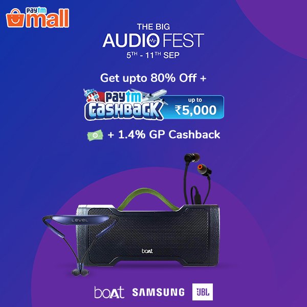 GoPaisaCom's tweet photo. Paytm Sale: Upto 80% Off + Upto Rs.5000 Cashback on JBL, BOAT &amp; More. Buy Bluetooth speakers, Headphone and more.

Grab the Deal - https://t.co/y5KCzR7TVE

#PaytmSale #GoPaisaOffers #GoPaisaDeals #GPOffers #GPDeals https://t.co/HhTlnwGpR8