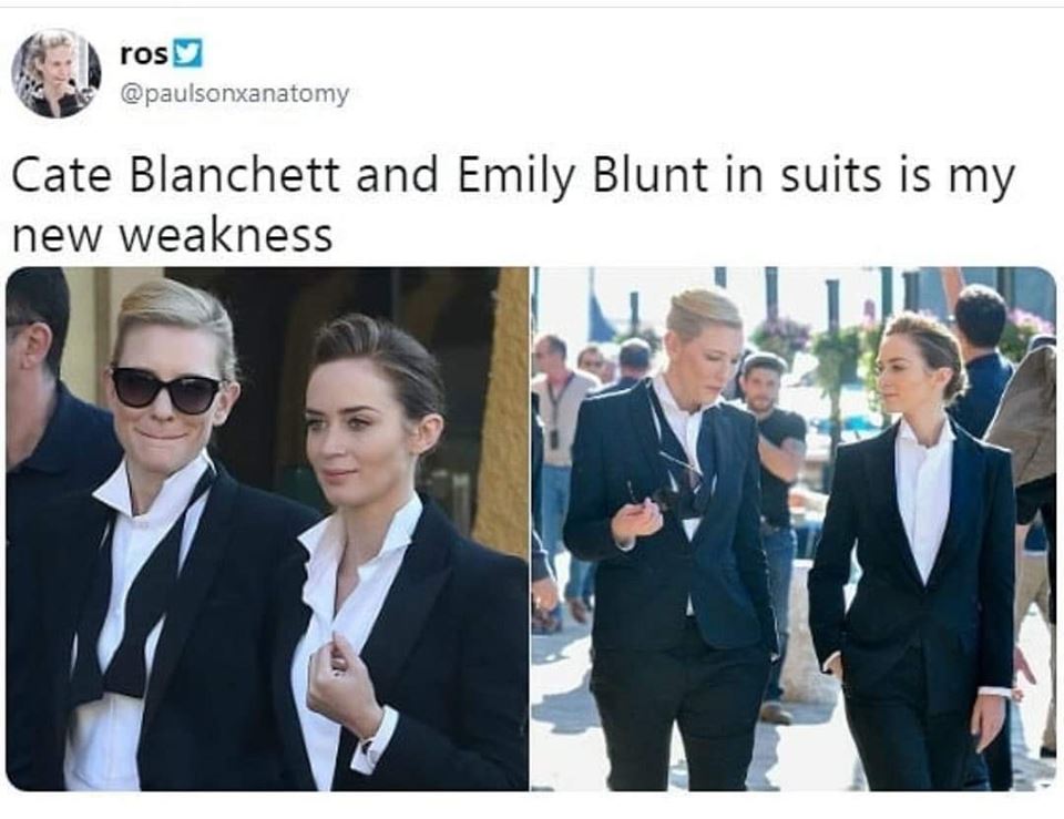 Cate: Whatcha wanna do today? Emily: I don't know. What you wanna do today? Cate: I don't know. We could always put on suits and walk around town making the lesbians melt. Emily: I'm down. Let's roll.