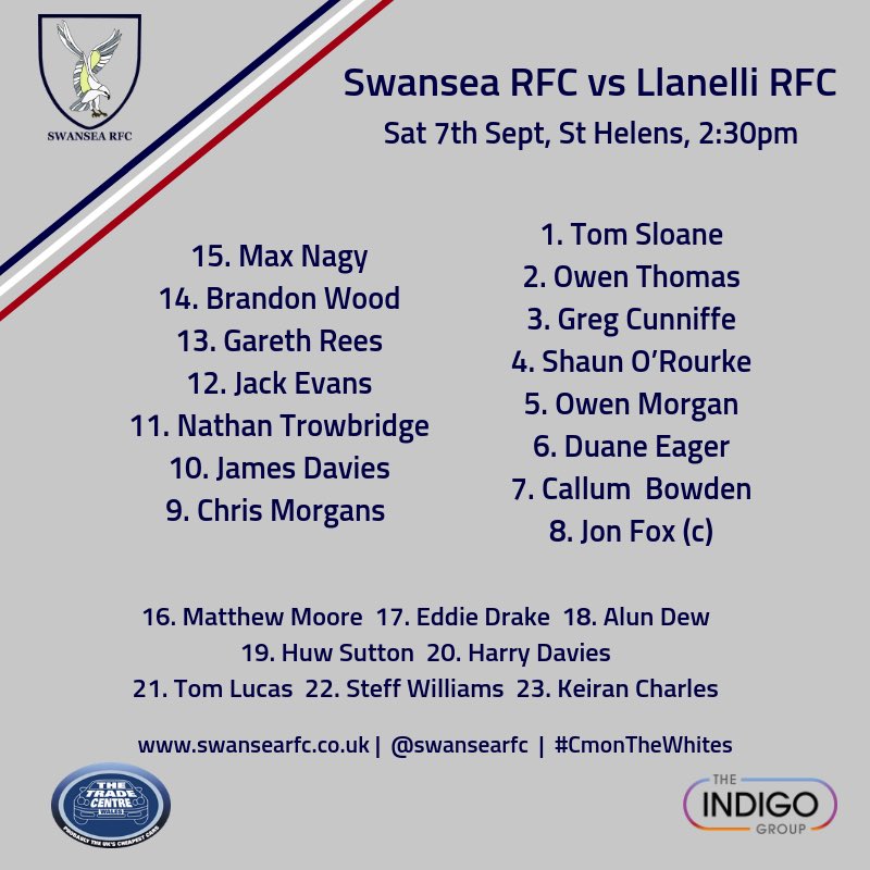 Swansea Rugby Club (@swansearfc) on Twitter photo Here it is then!! 🤩
Your first All Whites team of the new @IndigoGroupPrem 2019/20 season set to face <a href="/LlanelliRFC/">Llanelli RFC</a> on derby day at St Helens tomorrow afternoon!
Captain Jon Fox leads his team which could see up to 10 new Whites debuts being made! 🙌
#CmonTheWhites Here it is then!! 🤩
Your first All Whites team of the new @IndigoGroupPrem 2019/20 season set to face <a href="/LlanelliRFC/">Llanelli RFC</a> on derby day at St Helens tomorrow afternoon!
Captain Jon Fox leads his team which could see up to 10 new Whites debuts being made! 🙌
#CmonTheWhites