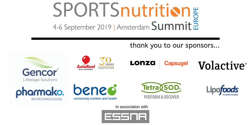 A big thank you once again to our excellent sponsors &amp; supporters! It's been great to have you here in Amsterdam for the Sports Nutrition Summit Europe 2019. Fancy sponsoring next year? Visit sportsnutritionsummit-europe.com/sponsors/ for more information. #SNS19