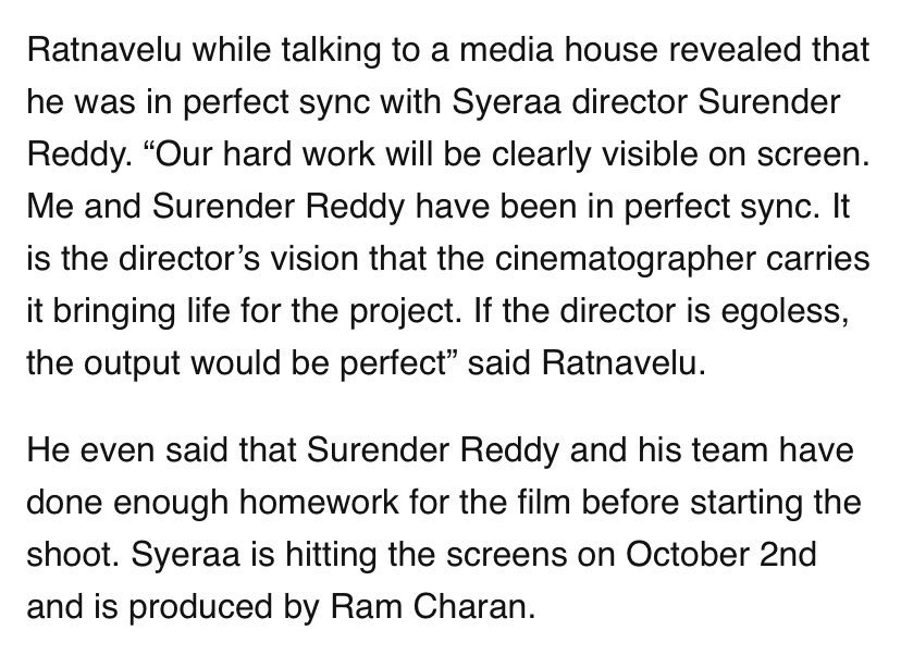 imchanukya's tweet photo. #SyeRaaUpdate: @RathnaveluDop About @DirSurender & #SyeRaaNarasimhaReddy
Source: @Telugu360 https://t.co/oH2bPyhie0