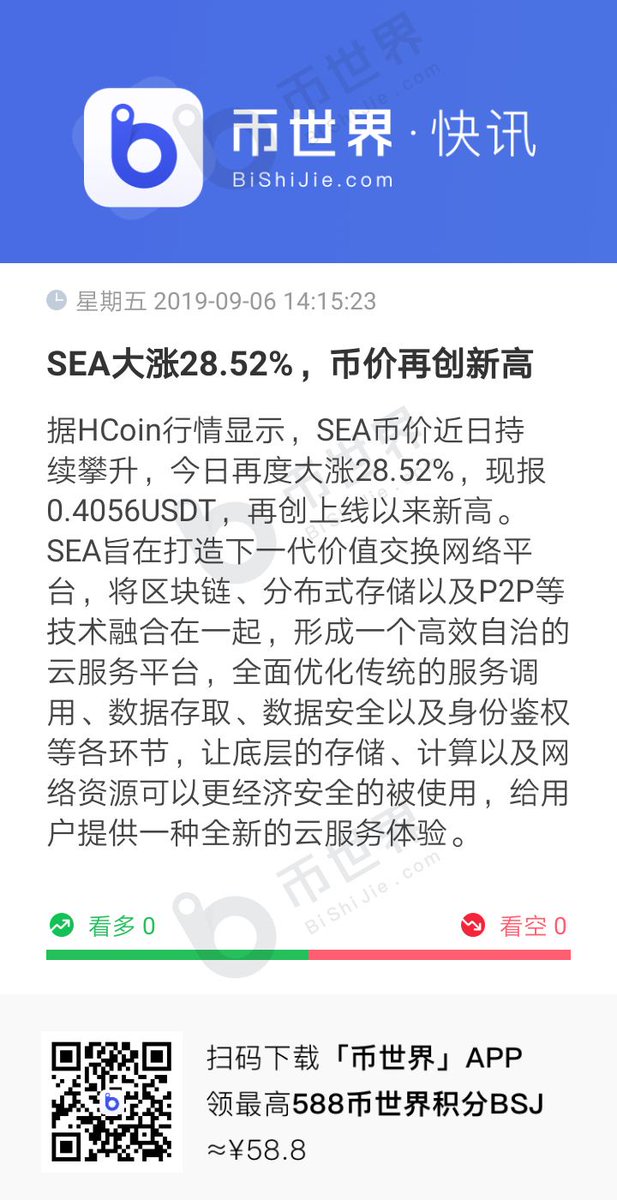 【SEA大涨28.52%，币价再创新高】SEA币价近日持续攀升，今日再度大涨28.52%，现报0.4056USDT，再创上线以来新高。

SEA旨在打造下一代价值交换网络平台，将区块链、分布式存储以及P2P等技术融合在一起，形成一个高效自治的云服务平台。