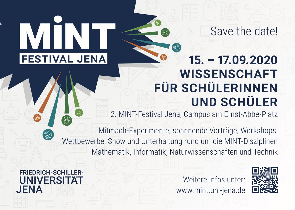 mint_jena's tweet photo. Save the Date: Das MINT-Festival Jena geht in die zweite Runde: 15.-17. September 2020! Vorträge, Workshops, Mitmach-Experimente, Bühnenshows und mehr rund um die MINT-Disziplinen #momintmal #mintfestivaljena #savethedate #wissenschaft #mintmachen #mintnachwuchs #kommmachmint https://t.co/qfMZp8ppoc