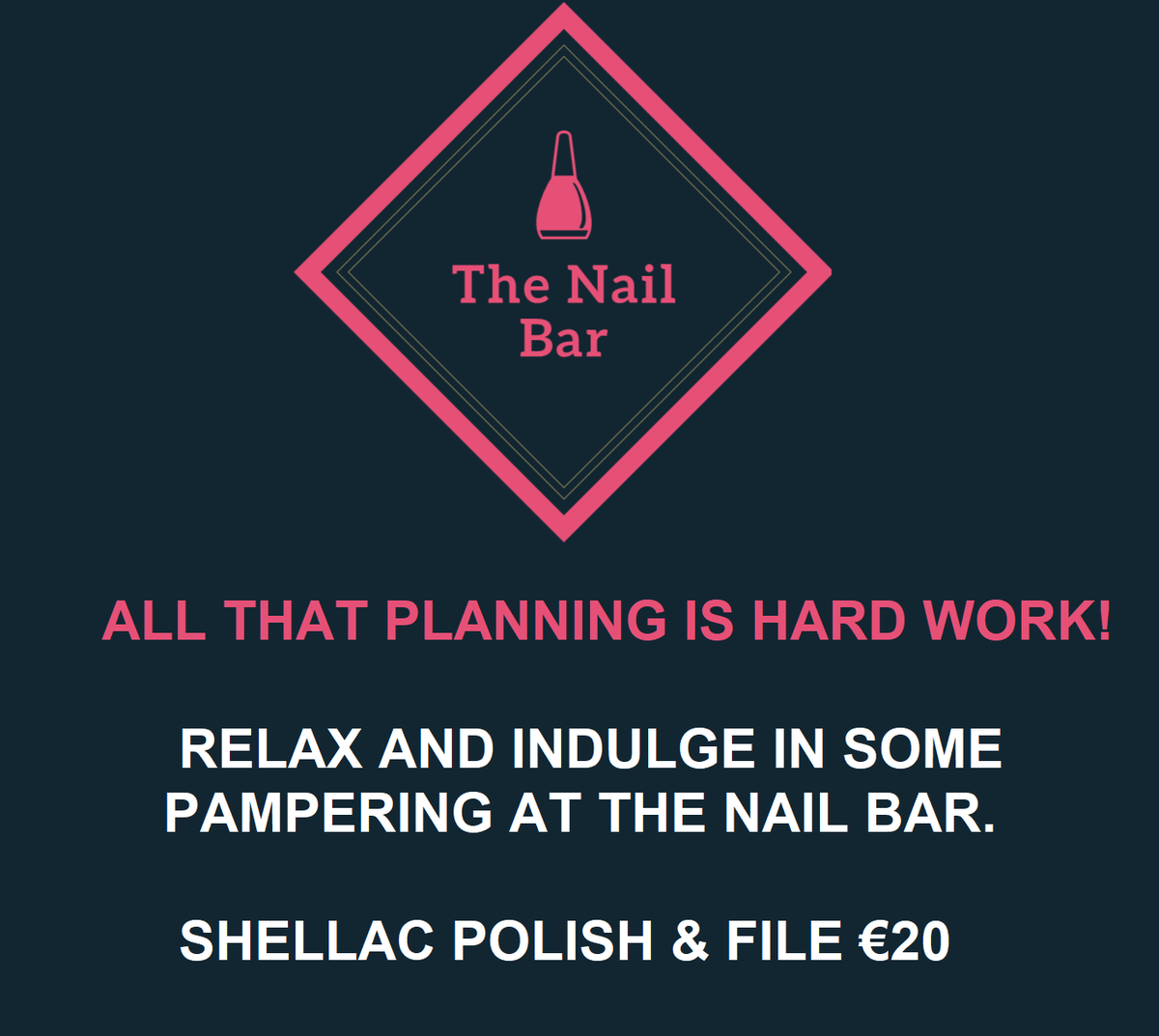 WED_Dublin's tweet photo. ALL THAT PLANNING IS HARD WORK!
Relax and indulge in some pampering at the #NailBar
Located in the Main Hall - Walks ups welcome ! ๐
Shellac polish and file โฌ20
#pamper #bridalnails #weddingplanning #shellacpolish https://t.co/EiurTXizbr