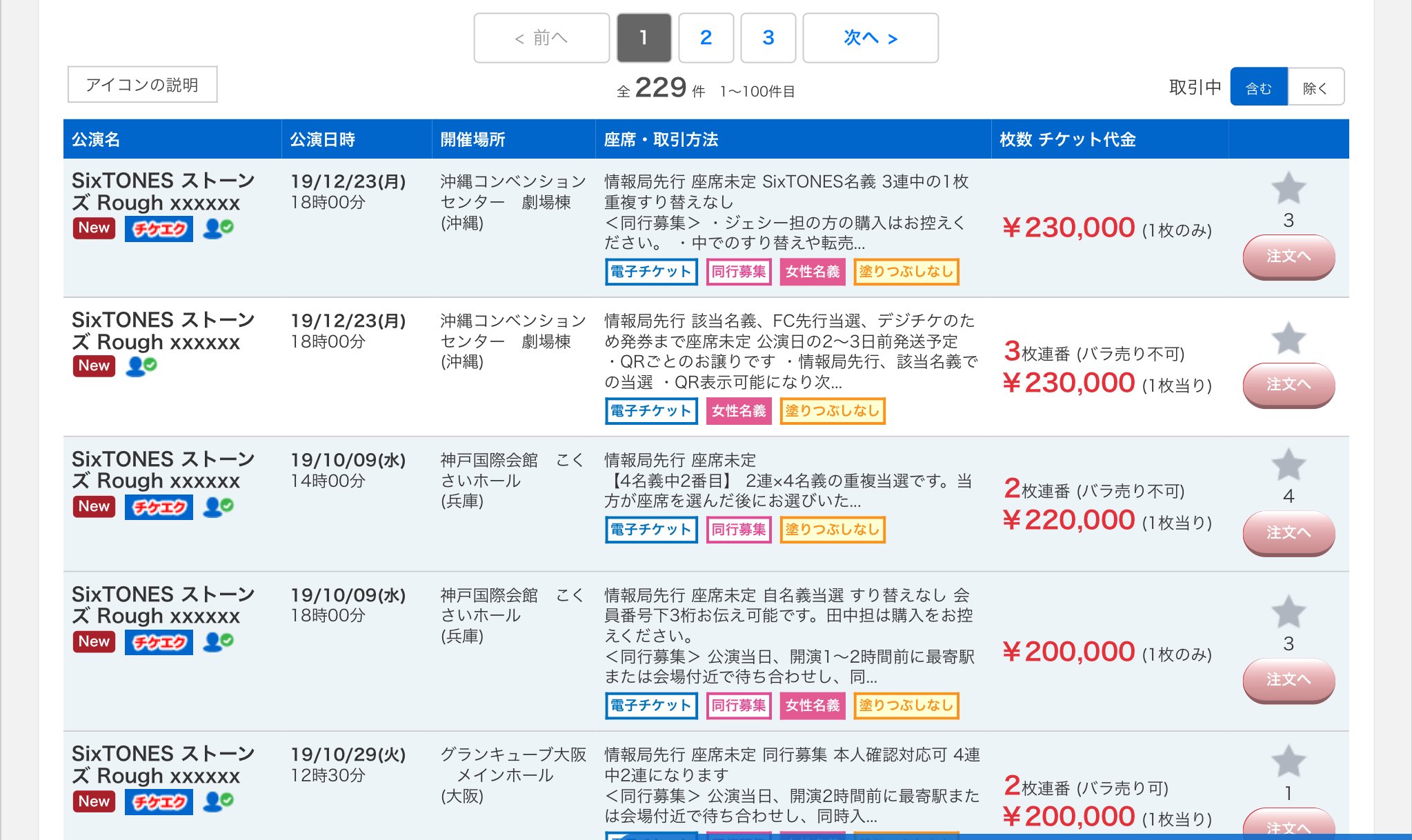 紫耀くんの腹筋よりお尻が大好物 はい 安定のジャニーズ高額転売祭りがはっじまるよー ん 少なめ 笑 でも全体に高いな チケスト潰されるからみんなチケ流 笑 ジャニーズ事務所さん今回はチケ流潰して下さいよー Sixtones全滅 T