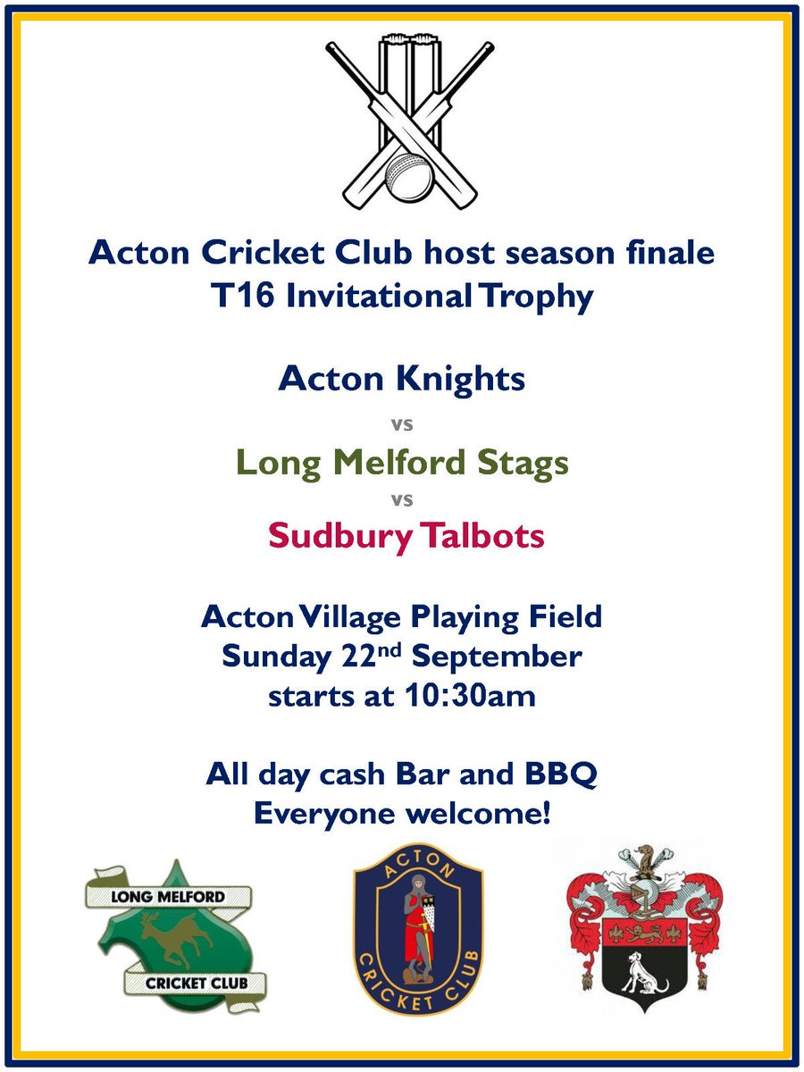 <a href="/ActonCricket/">Acton Cricket Club</a> welcome <a href="/Longmelfordcc_/">Long Melford CC</a> and <a href="/SudburyCC/">Sudbury Cricket Club</a> to the Acton Oval for a season ending bash on Sept 22nd! All welcome to come and enjoy the last cricket of the summer!
<a href="/TownOfSudbury/">Sudbury, Suffolk</a> <a href="/SFPSudbury/">Suffolk Free Press</a> <a href="/suffolkcricket/">Suffolk Cricket ❤️🏏</a>
Please RT!!