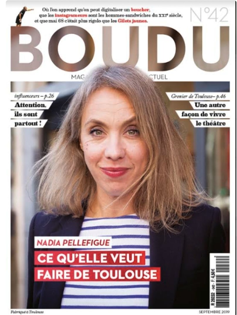 Sortie du dernier @Boudumensuel où @NadiaPellefigue explique ce qu'elle souhaite pour #Toulouse. A lire absolument. #VendrediLecture @UNEtoulouse boudulemag.com/2019/09/nadia-…