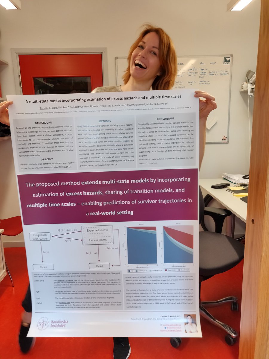 Tried out the #betterposter suggested by @mikemorrison at the #ancr conference last week - and just see how excited my colleague @sandrulka got! 👌😀 #success #biostatisticsresearch #multistate #relativesurvival #cancerepi #karolinskainstitutet