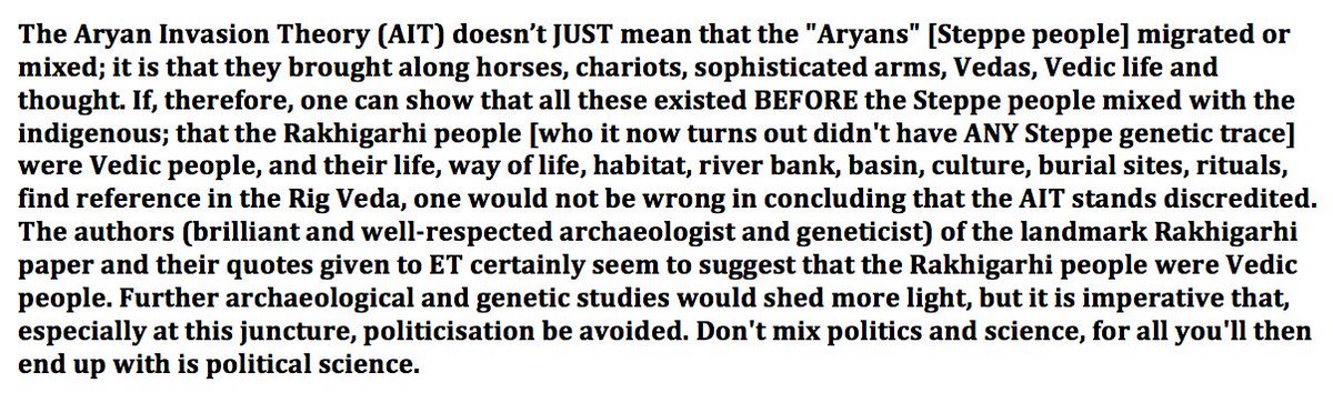 3/n The Rakhigarhi study and the remarks of its principal author Prof Shinde are important irrespective of the Aryan question, because the most concise and correct definition of the Aryan Invasion Theory comes from the theoretical physicist  @indianinterest, and it is this: