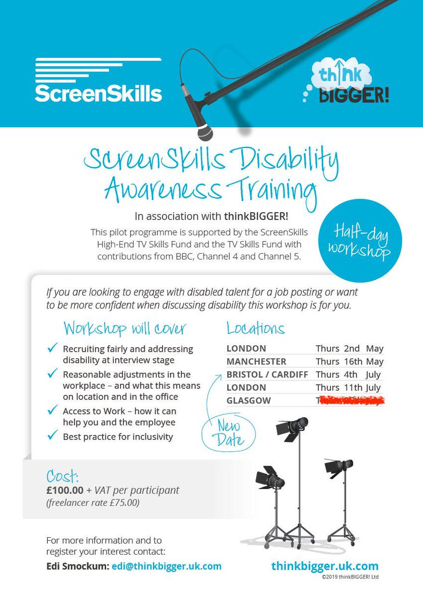 thinkbigger_org's tweet photo. Disability Awareness training in assoc with @UKScreenSkills is open for applications
Are you a freelancer / work for an indie? Want to diversify your team but not sure how?

Join us for the workshop in Glasgow 18th Sept

Visit https://t.co/6nEdlztELv #TVForEveryone https://t.co/qufMxHQBPg