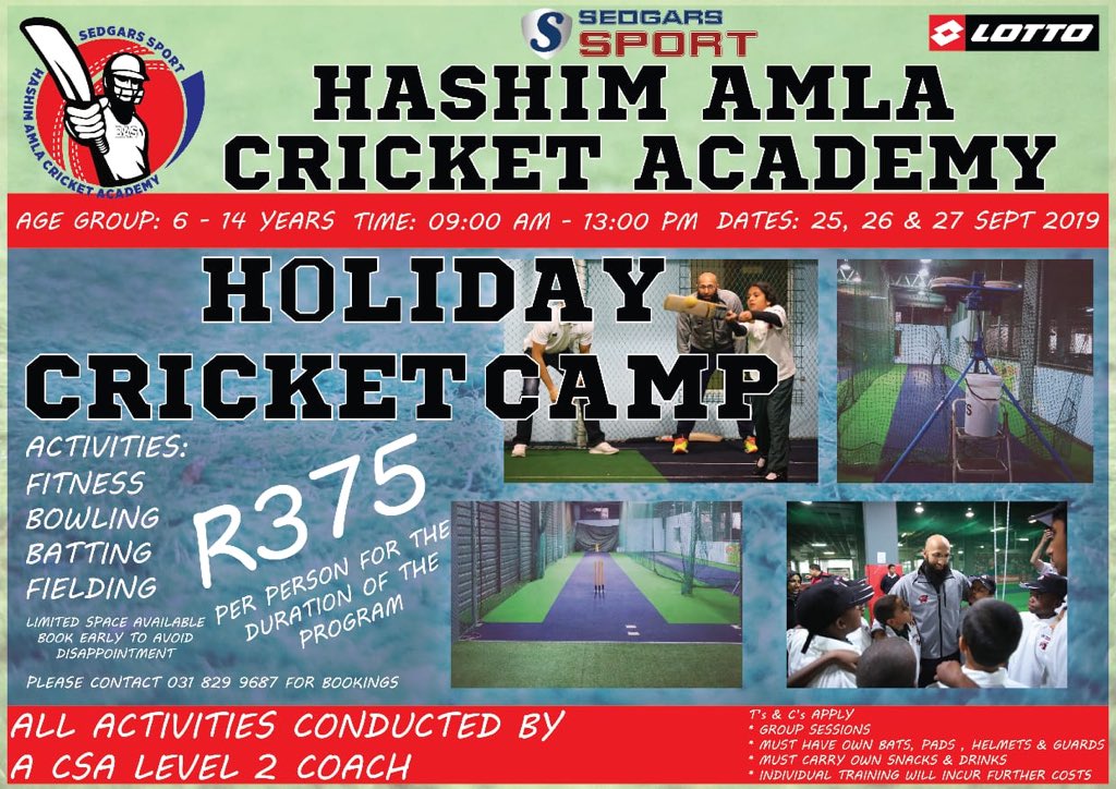 SEDGARS SPORT HASHIM AMLA CRICKET ACADEMY🏏 *Holiday cricket camp* from the 25th-27th of September. Limited space available. Book now and don’t miss out an opportunity to be coached by a (CSA level 2) coach👌🏻 For enquiries please Contact : 📞: 031 829 9687 DONT MISS OUT!!