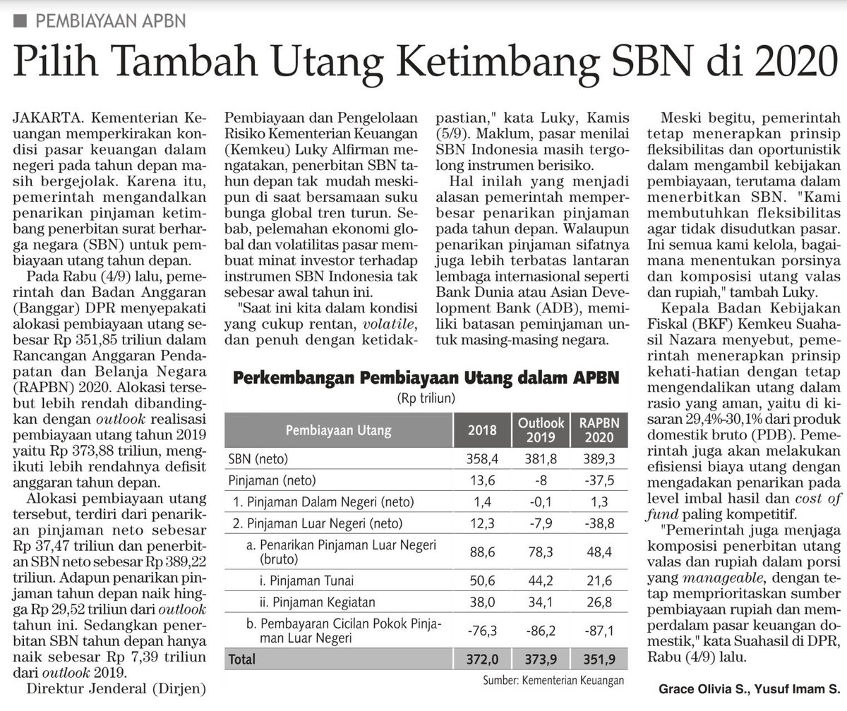 Pemerintah memilih utang ketimbang menerbitkan SBN, dgn pertimbangan rasio utang masih 'aman' di kisaran 29,4% - 30,1% dan kondisi pasar keuangan yg masih bergejolak..