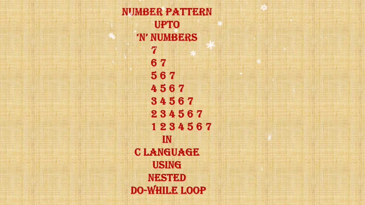 SpiceNDigital1's tweet image. Number pattern upto &apos;N&apos;  using Nested Do-while loop-spice_n_digital-C Language  Part-56
YouTube video Link :- youtu.be/Bkkn9GkrnSY
Please,subscribe my channel
#clanguage #program #numberpattern  #logic #code
#algorithm  #loop #dowhileloop #nesteddowhileloop #loop