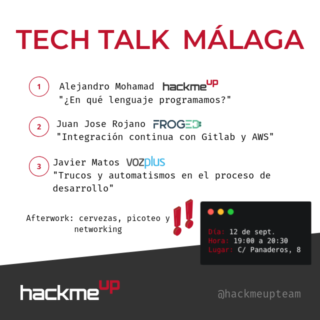 HackMeUpTeam's tweet photo. Tenemos novedades después del verano #hackmeuppers‼️ 
Nuestra primera #TechTalk en #Málaga 🔊
Inscríbete en el link 👇🏼👇🏼👇🏼 https://t.co/4FqjHP3fVD 

🗓Día: 12 de septiembre
⏰Hora: 19:00
📍Lugar: C/ Panaderos, 8

#hmu #hackmeup #developers #tech https://t.co/hSqSpcE7l0