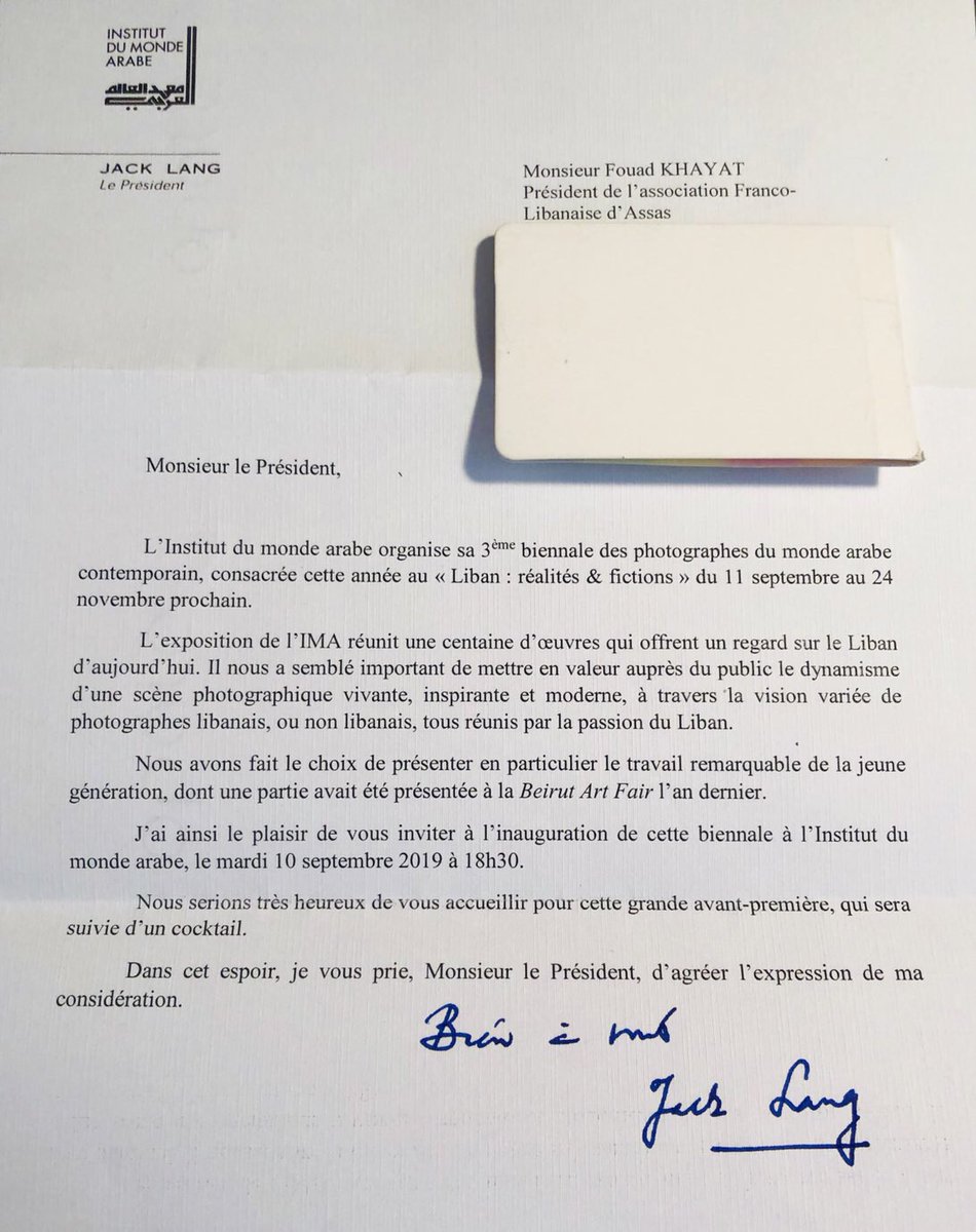 Khayat_Fouad's tweet photo. Merci @jack_lang pour cette invitation ! Cette 3ème Biennale des photographes du #MondeArabe contemporain, mettant à l’honneur la scène libanaise, promet d’être captivante ! Un plaisir pour moi que de participer à son inauguration ! 📸#BPMAC Cc. @mep_paris @imarabe https://t.co/xr31ENLdjY