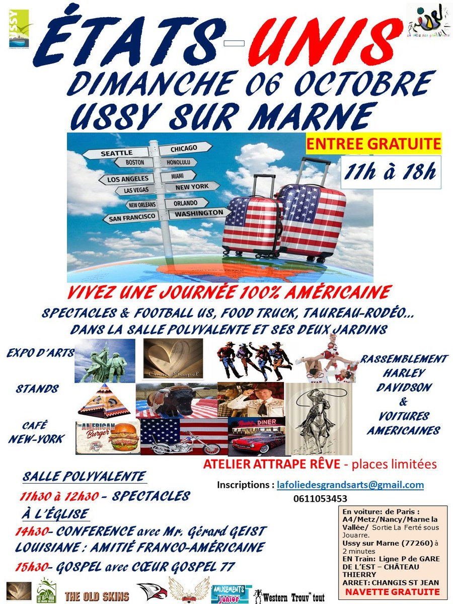 Lafoliedesgrand's tweet photo. PRÉPAREZ VOS VALISES NOUS VOUS INVITONS AUX ÉTATS-UNIS. LE DÉPART EST D'USSY SUR MARNE !

L'Association La Folie des Grands'Arts organise une journée culturelle dédiée aux Etats-Unis à Ussy sur Marne (77260) le dimanche 06 octobre 2019. https://t.co/gvDixMveYA