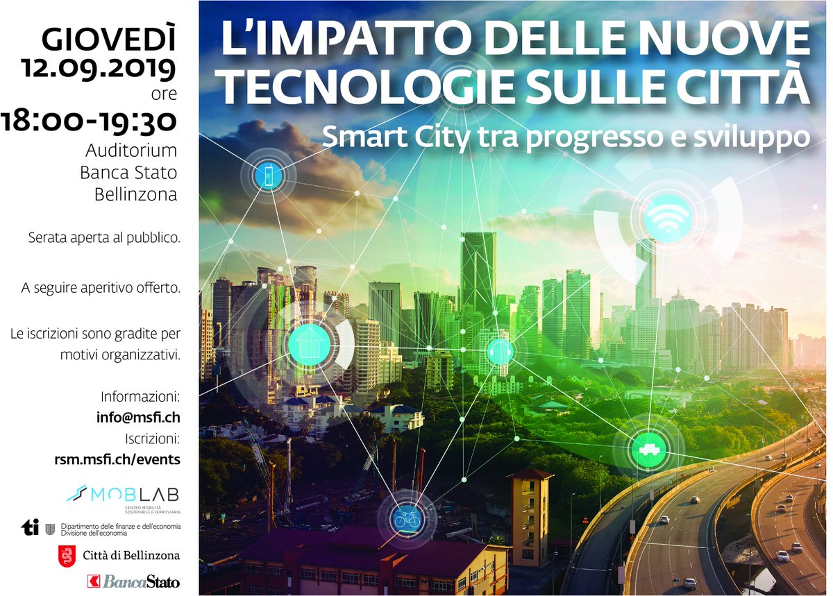 MobLabSwiss's tweet photo. L'impatto delle nuove tecnologie sulle città: Smart City tra progresso e sviluppo. Se ne discute a Bellinzona giovedì 12 settembre! Iscrizioni: https://t.co/sBwZo87F2e
#rsm #msfi #SUPSI #technologies #newtechnologies #future #mobility #SmartCities #SmartCity #Bellinzona #Ticino https://t.co/erRtdQ8WXS