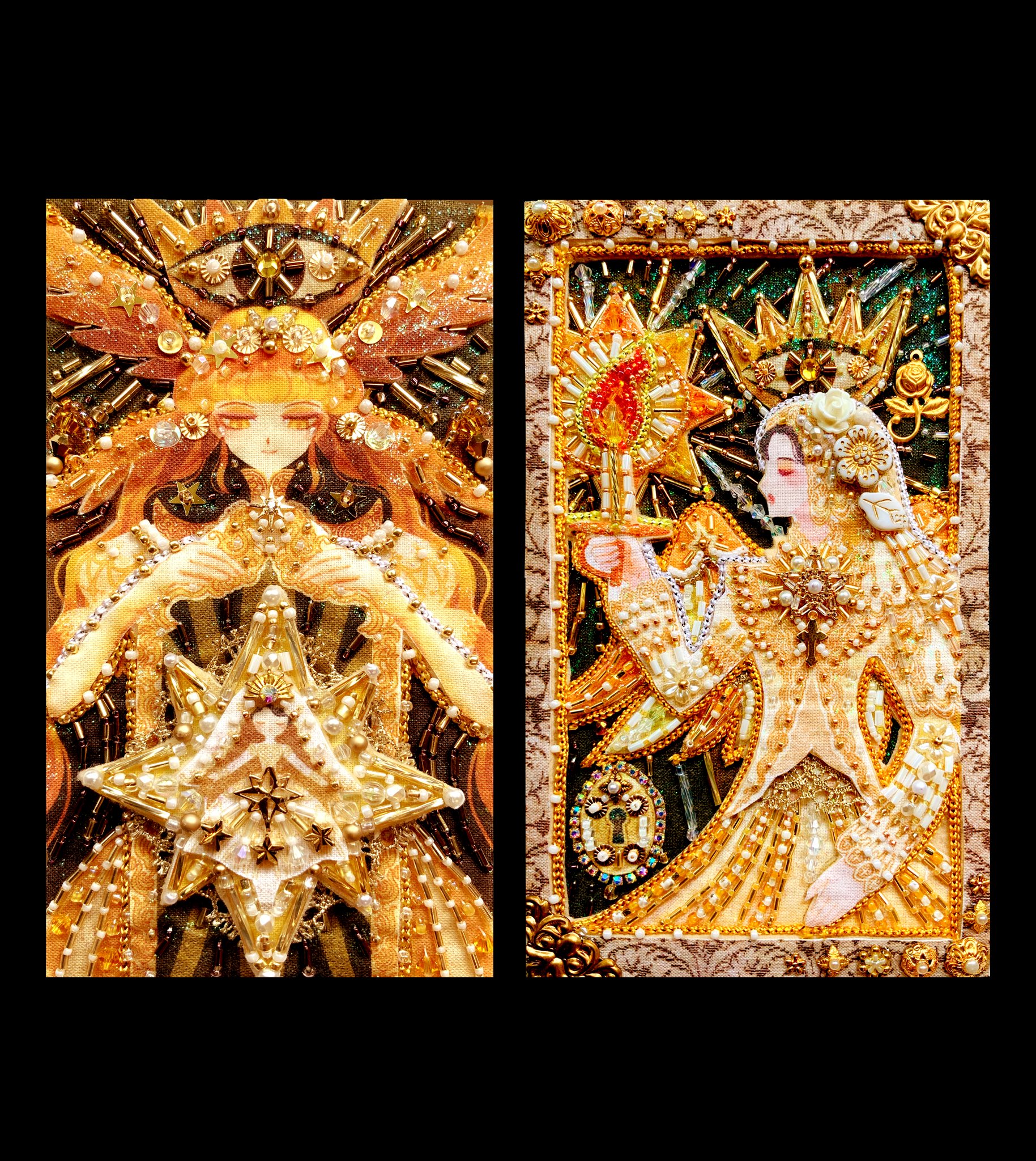 Piari ビーズ刺繍作家 オーダーメイドの ビーズ絵刺繍の本 が完成しました 描いたイラストを布に転写し ビーズ刺繍しています 本を開くと そこにもビーズ刺繍絵が 絵の中からブローチを取り出せるように