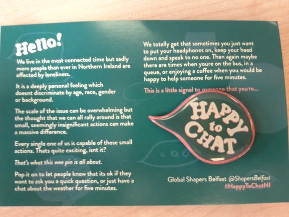 79% of people say that small moments of connection are a valuable way of tackling loneliness... <a href="/ShapersBelfast/">Belfast Global Shapers</a> are working to make a change #HappyToChatNI