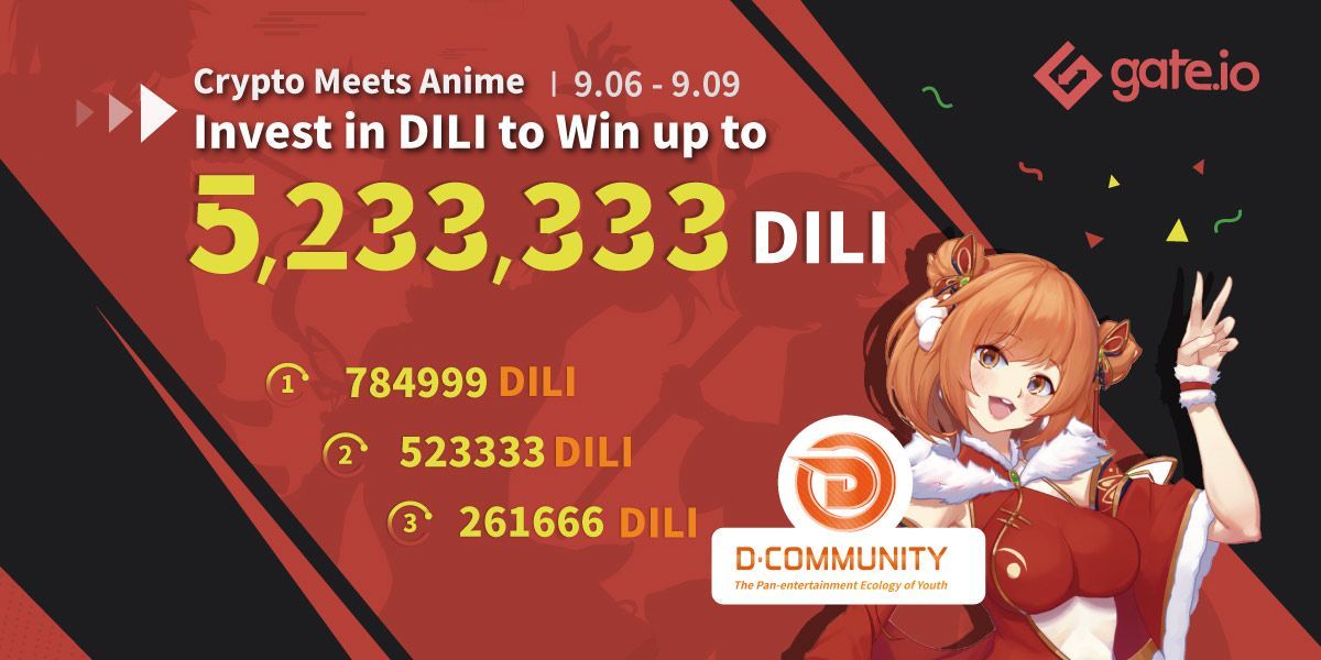 Gate's tweet image. Buy #DILI on Gate.io to share 5,233,333 DILI rewards!🎉 
🥇1st Prize：784,999 DILI
🥈2nd Prize：523,333 DILI
🥉3rd Prize：261,666 DILI
The remaining 97 buyers will share remaining 3,663,335 DILI
Details: gate.io/article/16994