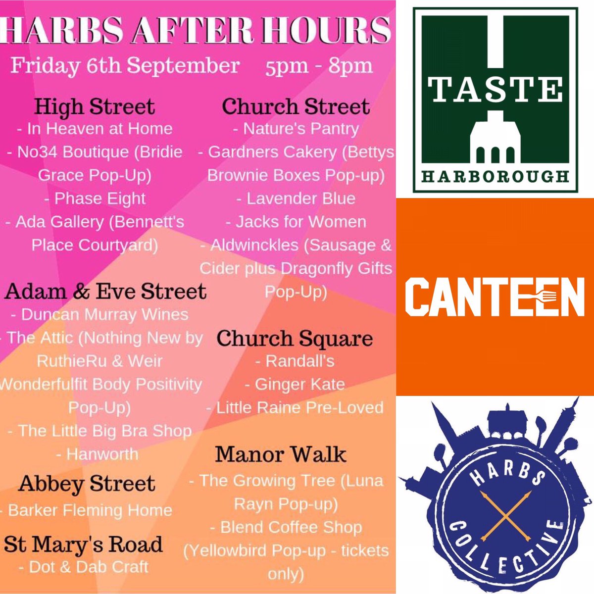 Who’s joining us tonight in #MarketHarborough for Harbs Collective and <a href="/CanteenTweets/">The Staff Canteen</a> After Hours Shopping and Street Food? We love it when great things come together 🥂🛍🍺🍔#tastefamily #harbslocal
