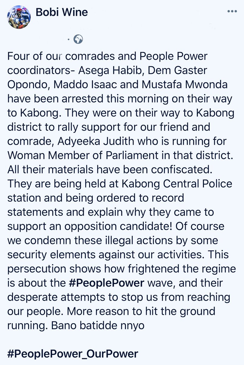 BuffaloSoldierA's tweet photo. Bobi Wine:
“Four #PeoplePower Coordinators, Asega Habib, Dem Gaster Opondo, Maddo Isaac & Mustafa Mwonda have been arrested this morning on their way to Kabong District to rally support for friend & comrade, Adyeeka Judith, aspiring Woman MP... Bano batidde nnyo”✊
#RedBeretWeek https://t.co/7E2dVuaVr8